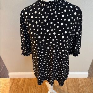 Anne Klein Black Top with White Polka Dots and Smocked Neck